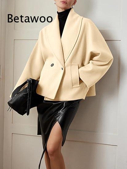 Wool Blend Coat - 여성용 더블 브레스티드 숏 코트, 라펠