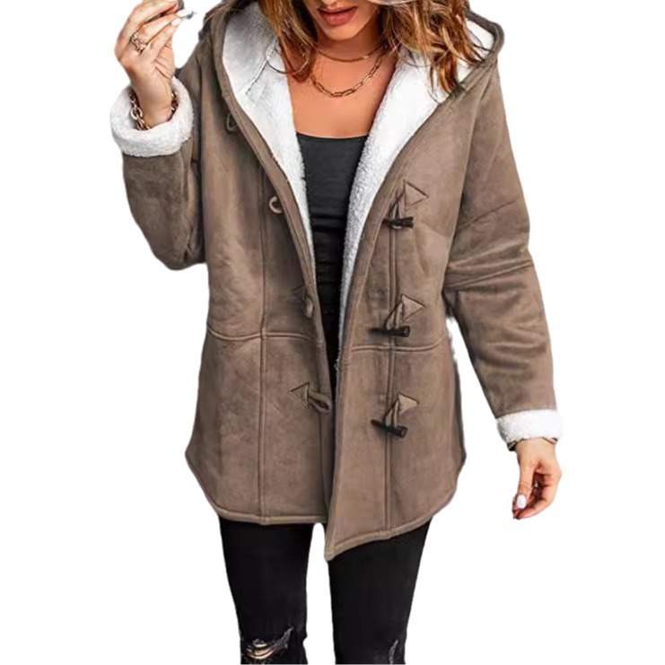 Wool Blend Coat - 여성용 울 두꺼운 후드 코트 포켓