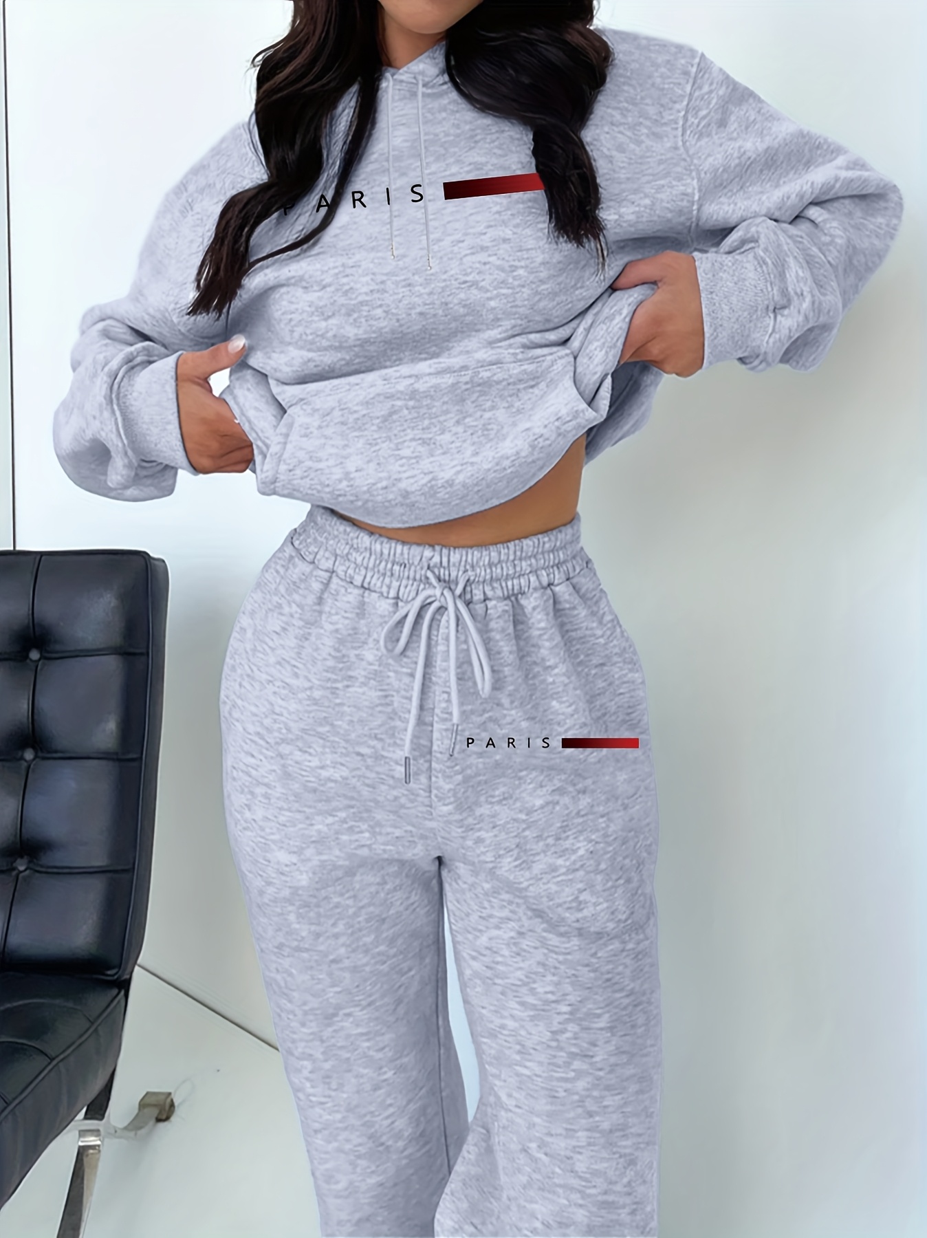 새로운 여성용 세트 후드티와 바지 파리 레터 프린트 고 - Winter Clothing Women'S 리뷰 및 가격